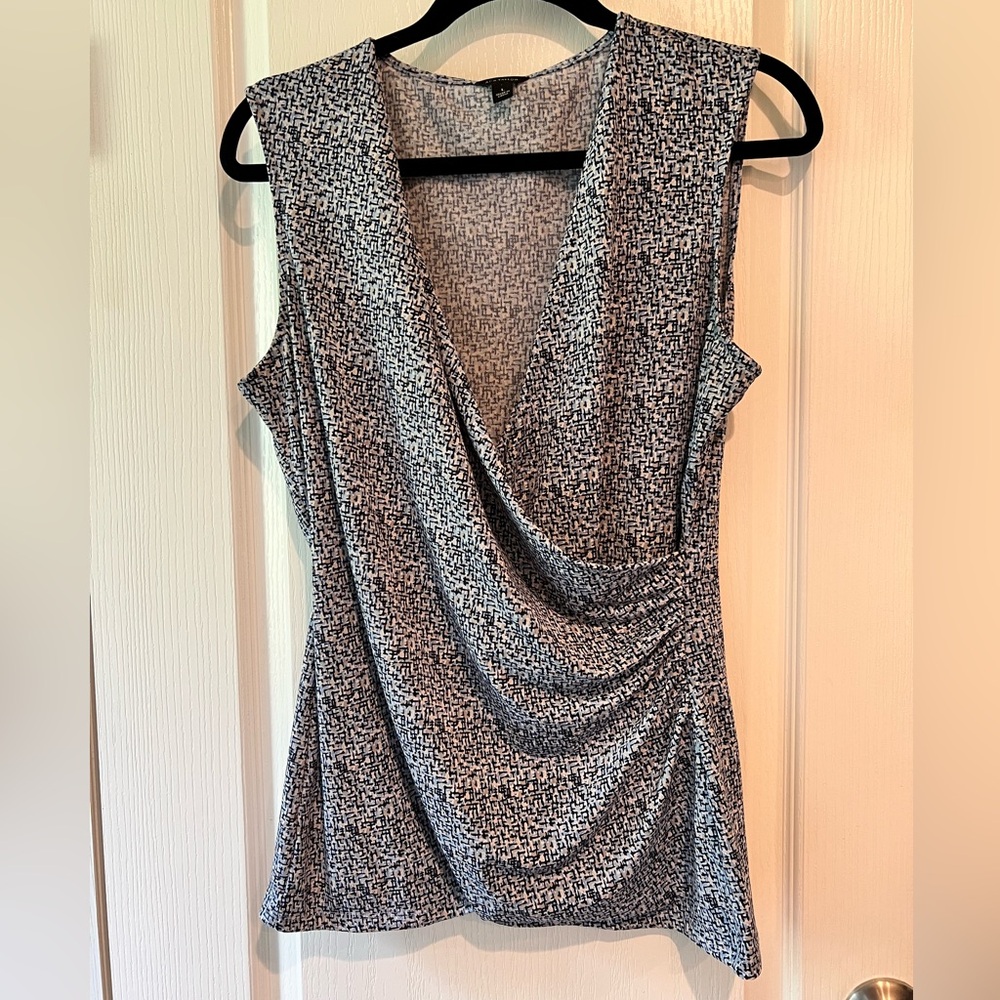 Ann Taylor White and Blue Asymmetrical Draped Blouse